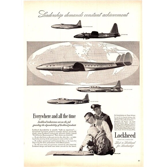 1951 Lockheed Constellation P2V F94 F80 Vintage Print Ad Globe Avgeek Wall Art - Picture 1 of 2